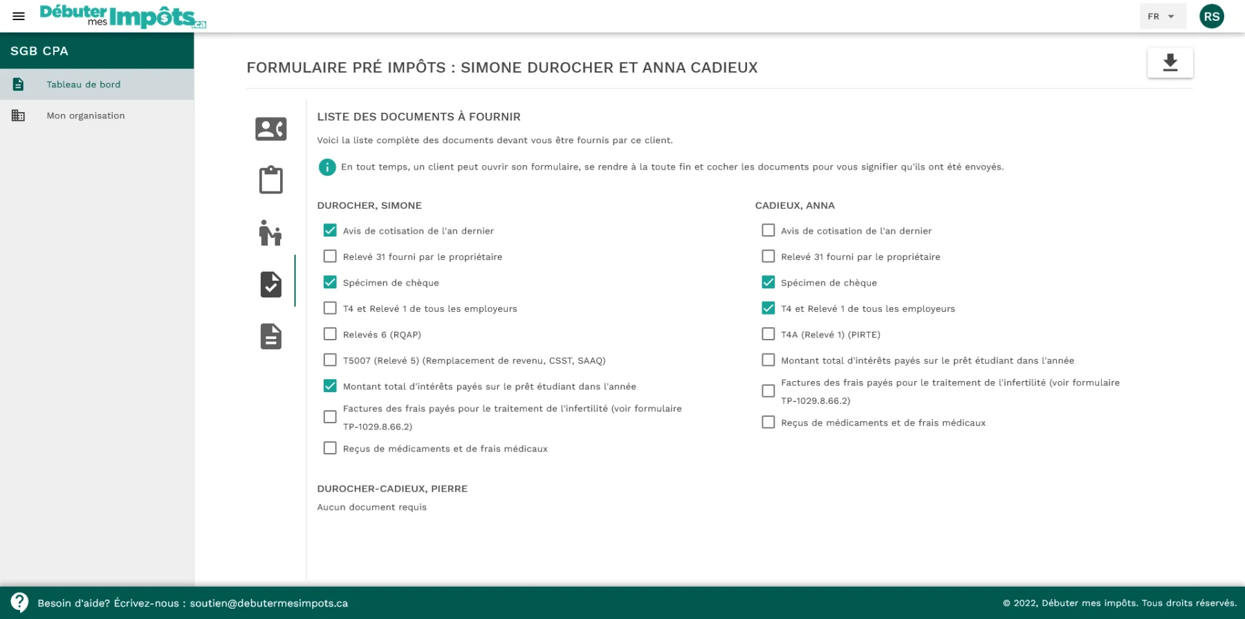 Liste des documents à fournir vue par le client à la fin du questionnaire