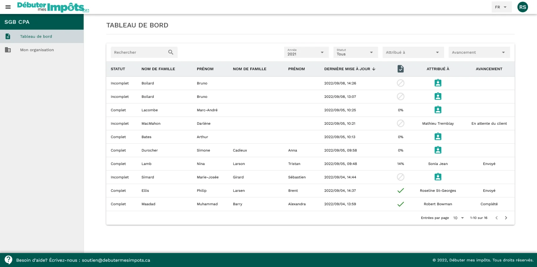 Tableau de bord DMI affichant la liste des dossiers clients d’un cabinet comptable